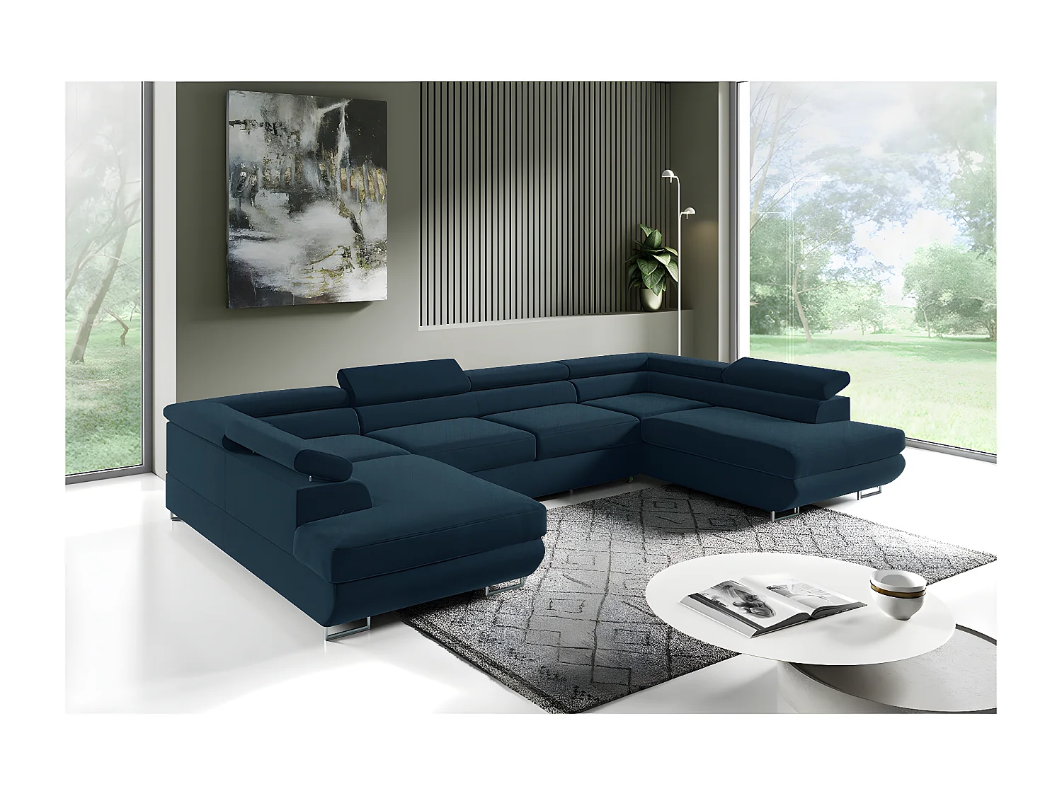 Canapé convertible 5 places avec coffre en velours bleu LYAM