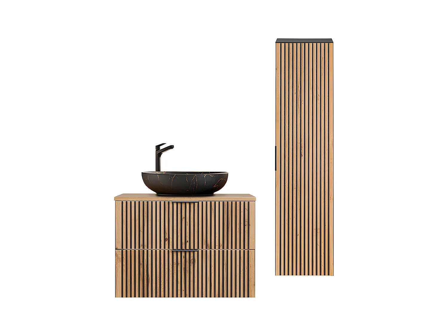 Ensemble meuble simple vasque 80cm et colonne Gaia Bois et Noir - Vasque Noir