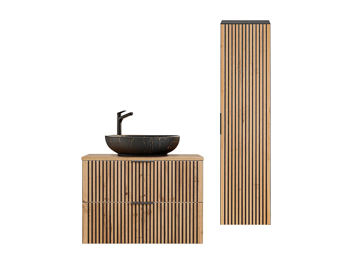 Set med 80 cm enkel tvättställsskåp och Gaia piedestal i trä och svart - Svart tvättställ