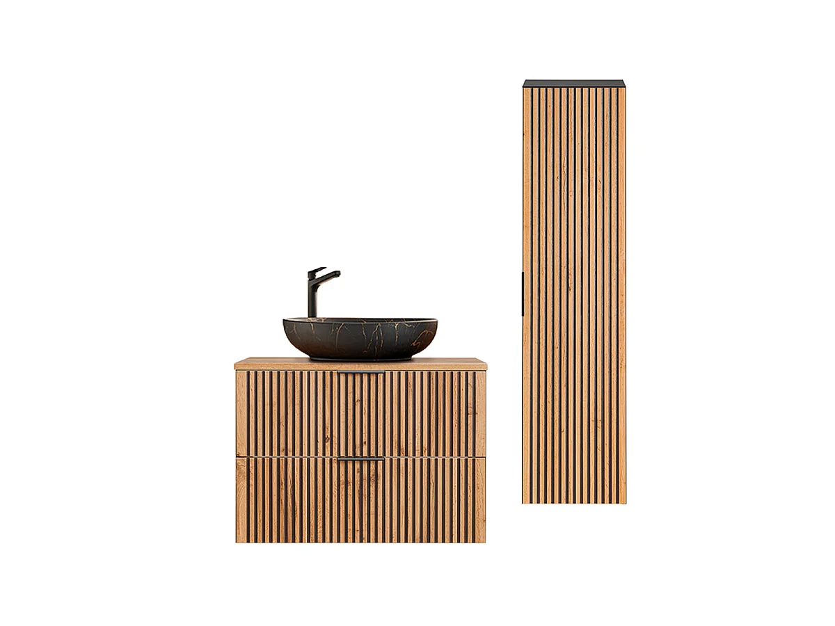 Ensemble meuble simple vasque 80cm et colonne Gaia Bois et Noir - Vasque Noir