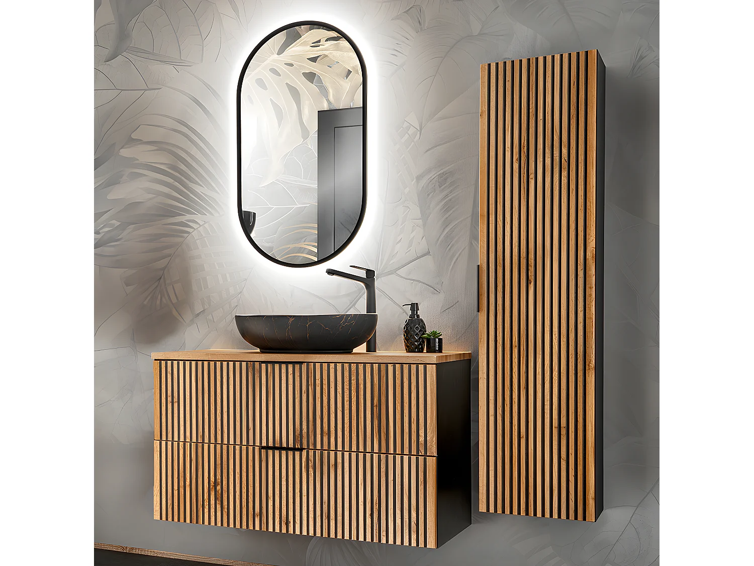 Ensemble meuble simple vasque 100cm et colonne Gaia Bois et Noir - Vasque Noir