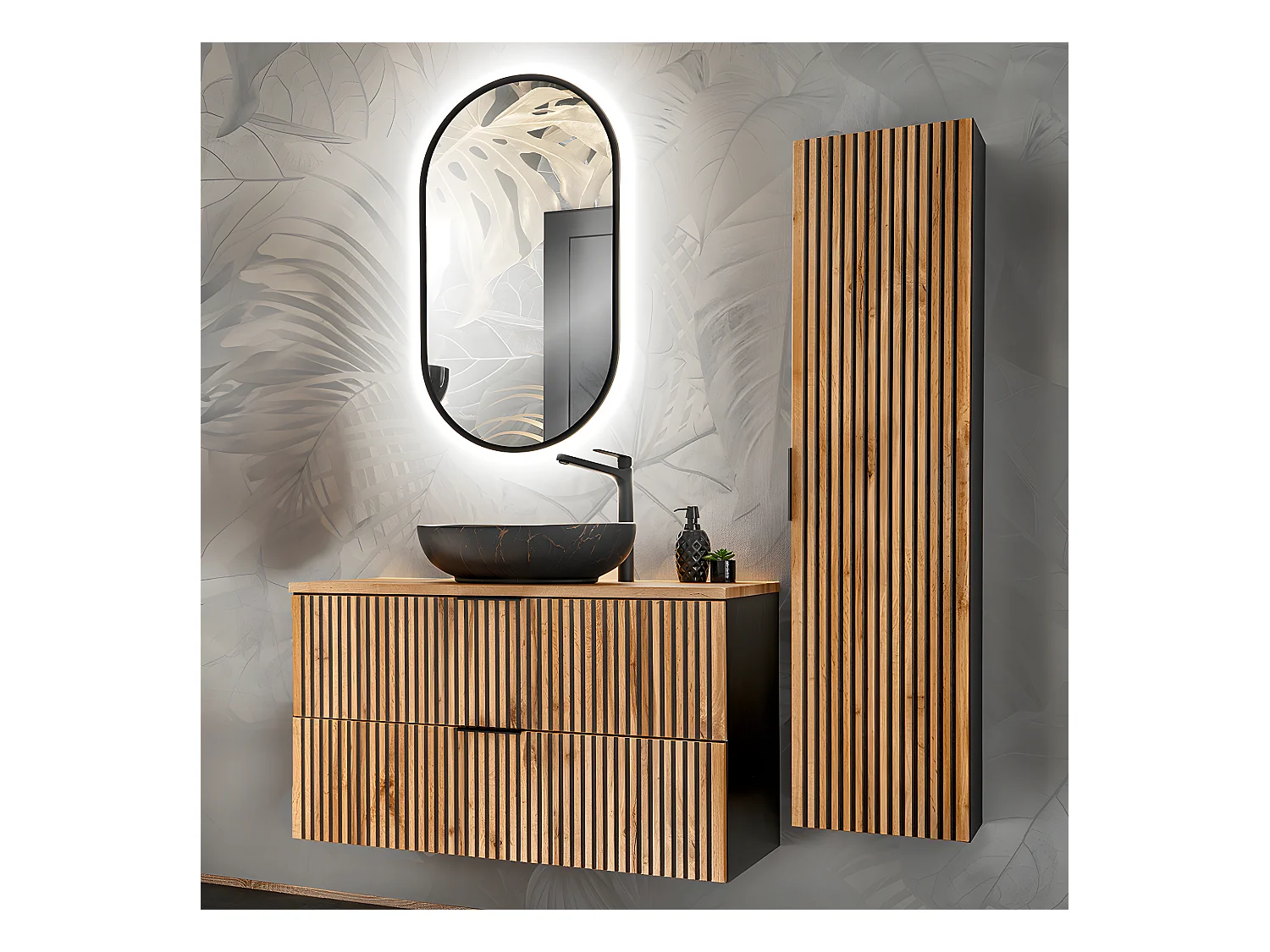 Set di mobili da bagno con lavabo Gaia marrone e nero 100cm