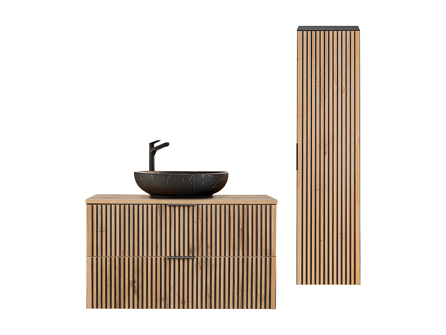Conjunto de muebles con lavabo individual 100cm y columna Gaia Madera y Negro - Lavabo Negro