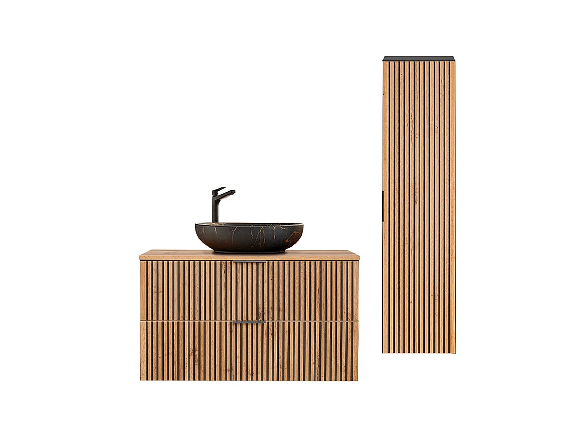 Ensemble meuble simple vasque 100cm et colonne Gaia Bois et Noir - Vasque Noir