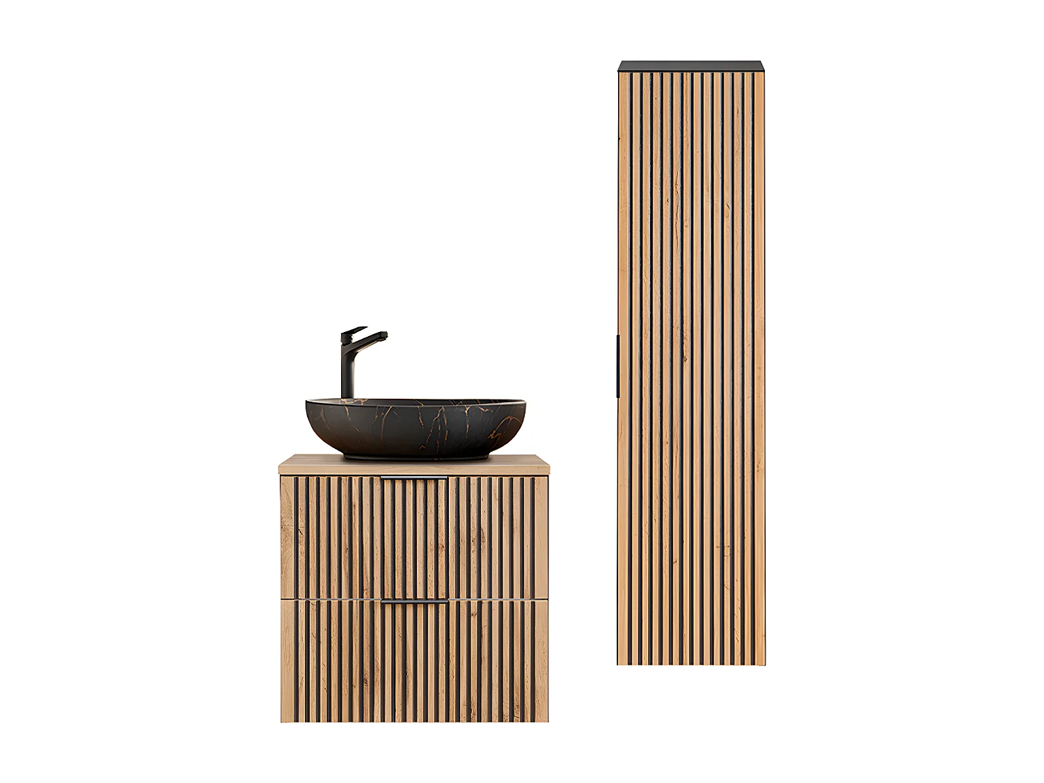Ensemble meuble simple vasque 60cm et colonne Gaia Bois et Noir - Vasque Noir