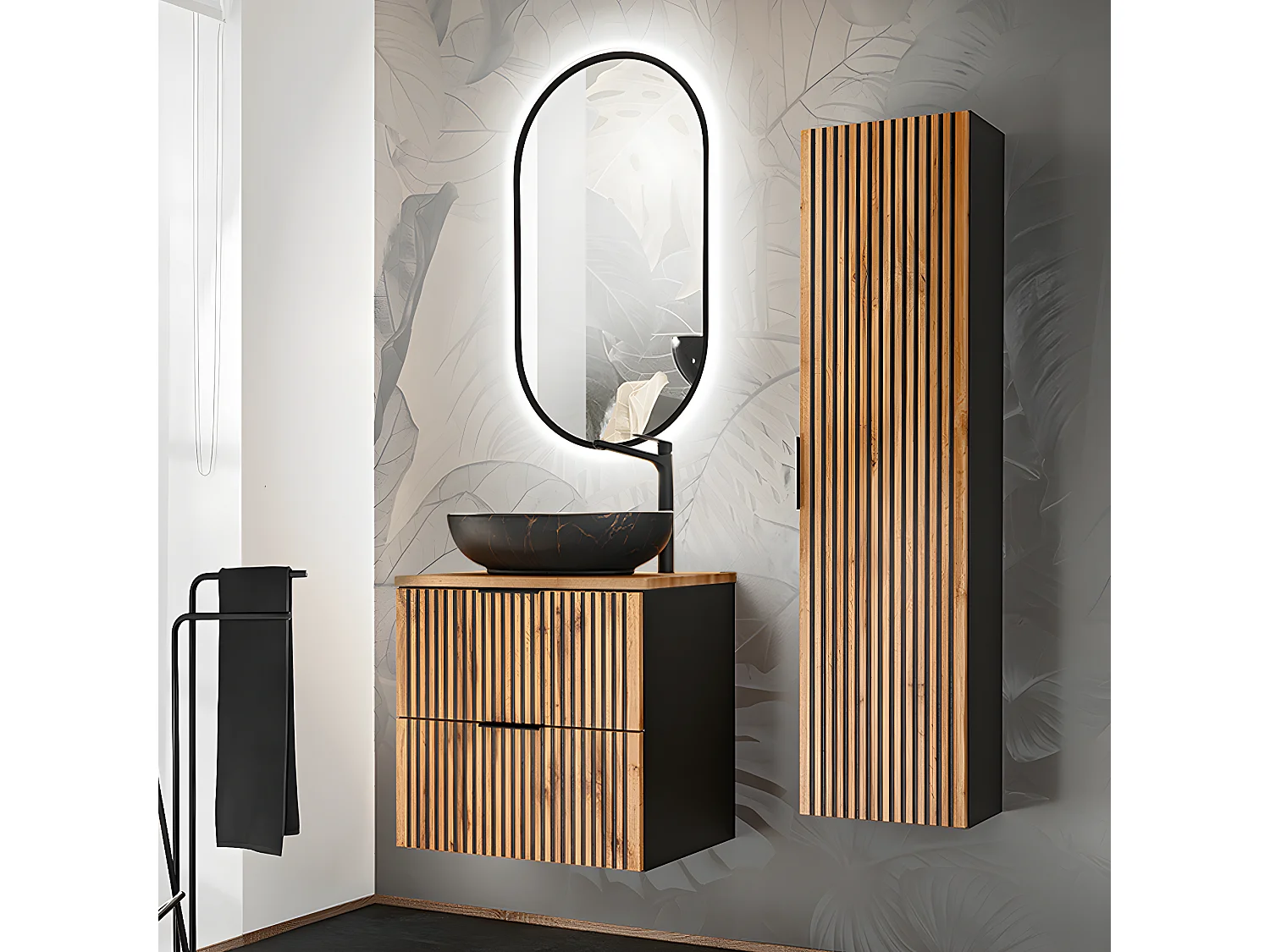 Conjunto de muebles con lavabo individual 60cm y columna Gaia Madera y Negro - Lavabo Negro