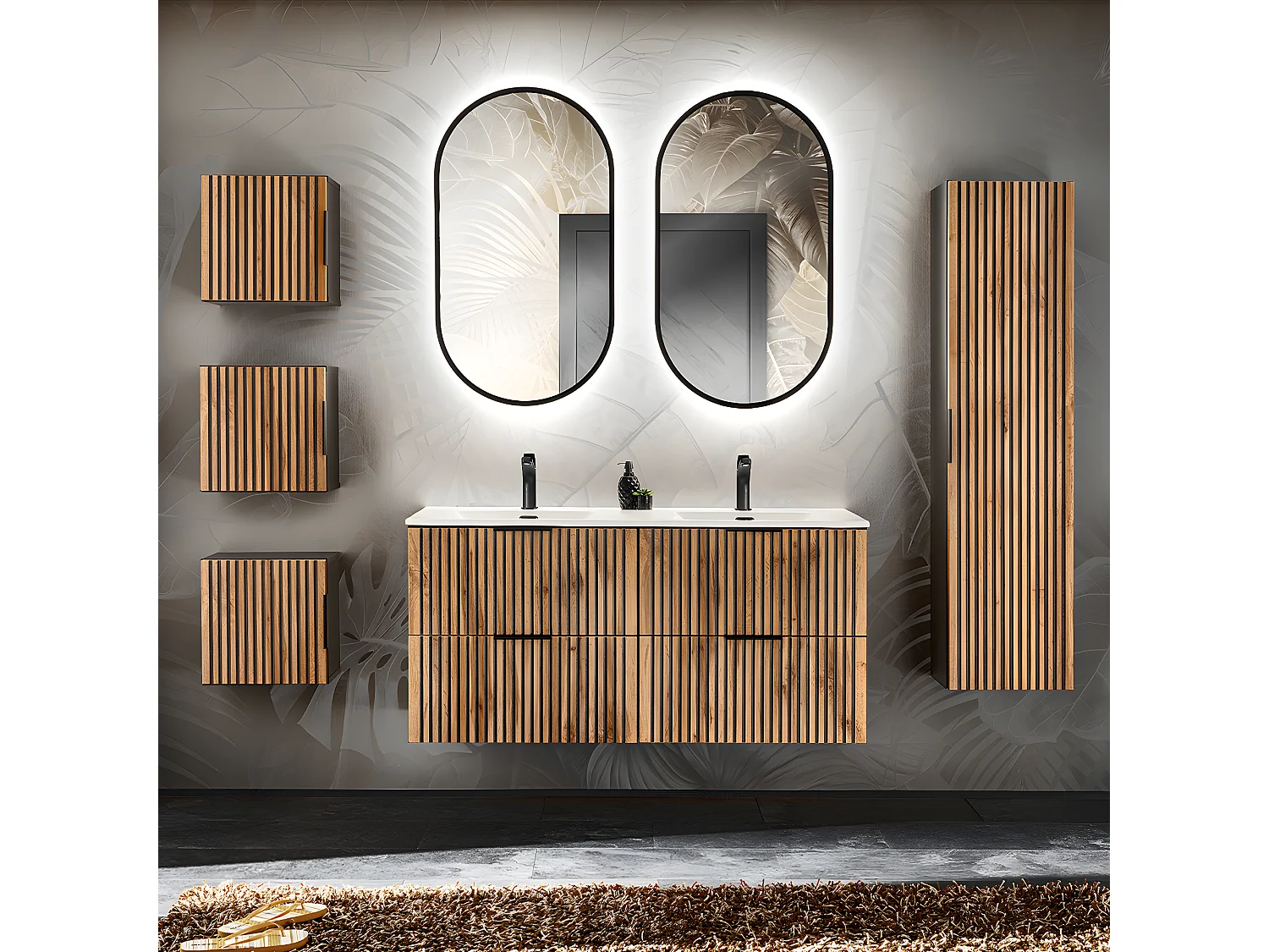 Ensemble meuble double vasque encastrée 120cm colonne et 3 armoires murales Gaia Bois et Noir