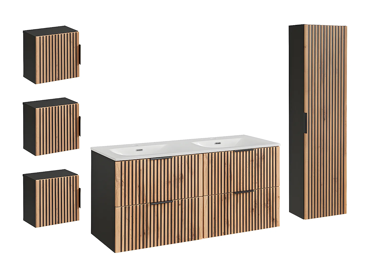 Ensemble meuble double vasque encastrée 120cm colonne et 3 armoires murales Gaia Bois et Noir