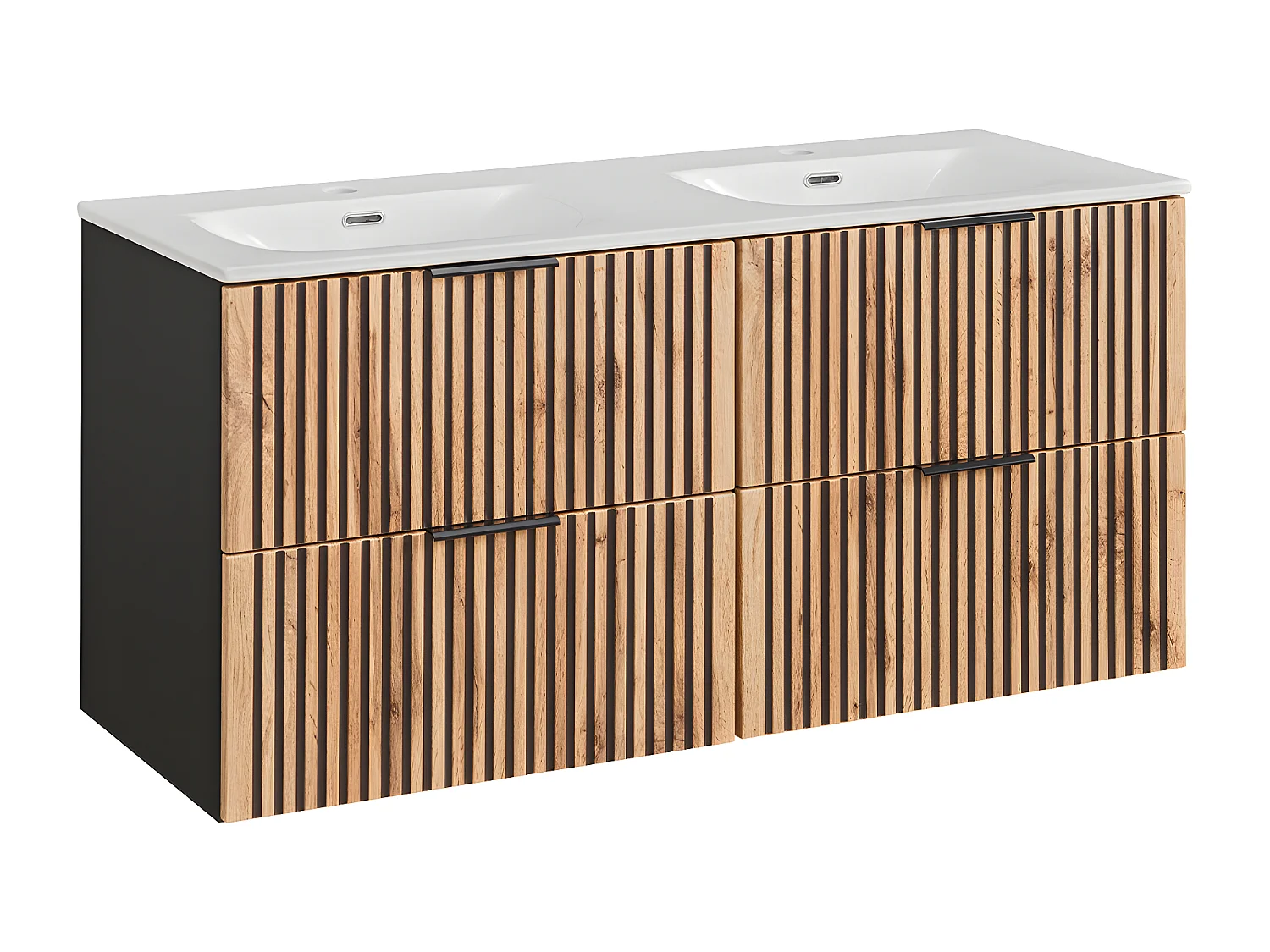 Ensemble meuble double vasque encastrée 120cm colonne et 3 armoires murales Gaia Bois et Noir