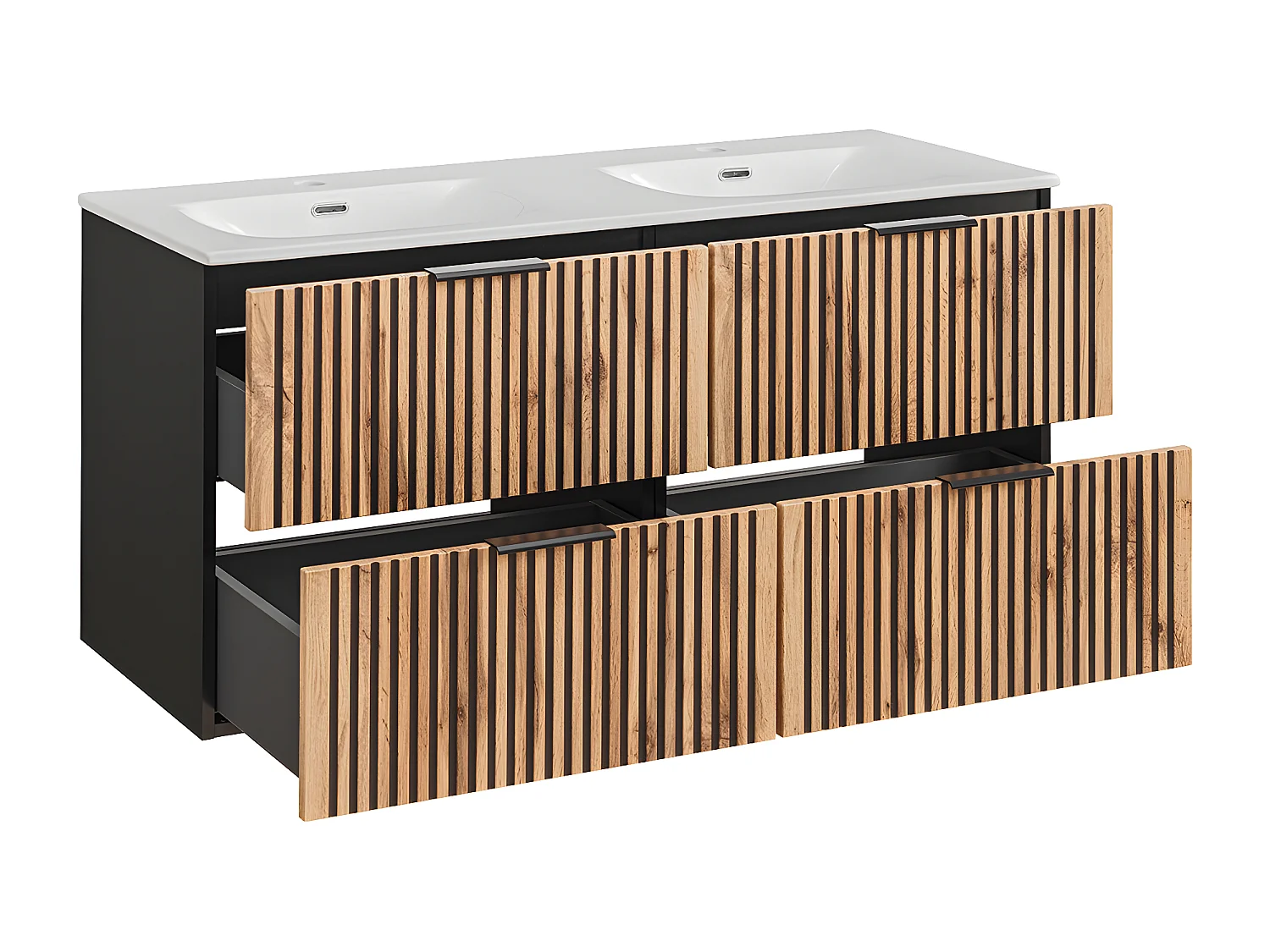 Ensemble meuble double vasque encastrée 120cm colonne et 3 armoires murales Gaia Bois et Noir
