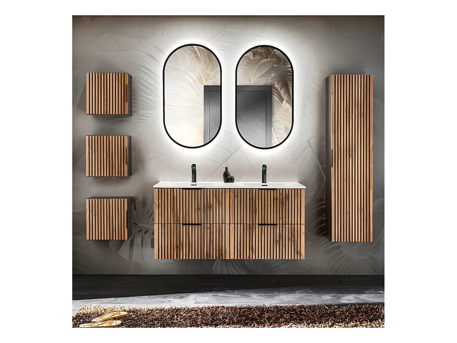 Ensemble meuble double vasque encastrée 120cm colonne et 3 armoires murales Gaia Bois et Noir