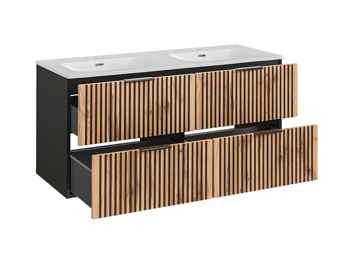 Set van 120cm inbouw dubbele wastafel en 3 Gaia hout en zwarte wandkasten