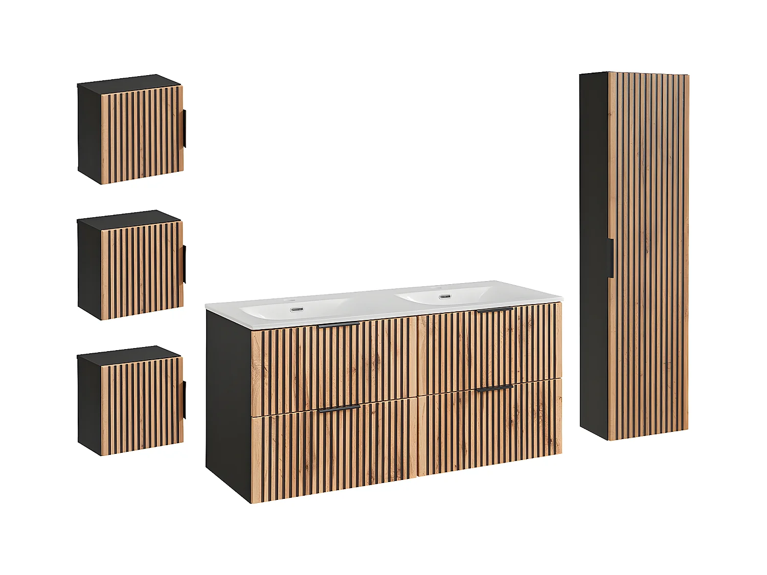Set van 120cm inbouw dubbele wastafel en 3 Gaia hout en zwarte wandkasten