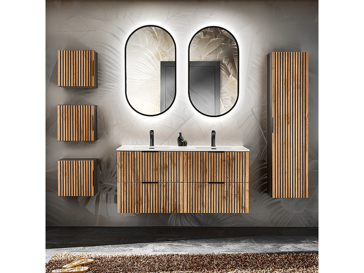 Ensemble meuble double vasque encastrée 120cm colonne et 3 armoires murales Gaia Bois et Noir