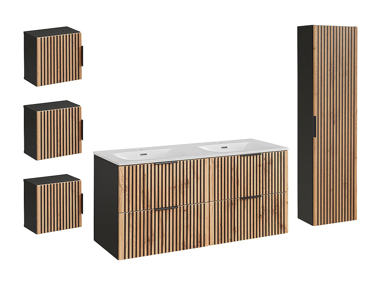 Ensemble meuble double vasque encastrée 120cm colonne et 3 armoires murales Gaia Bois et Noir