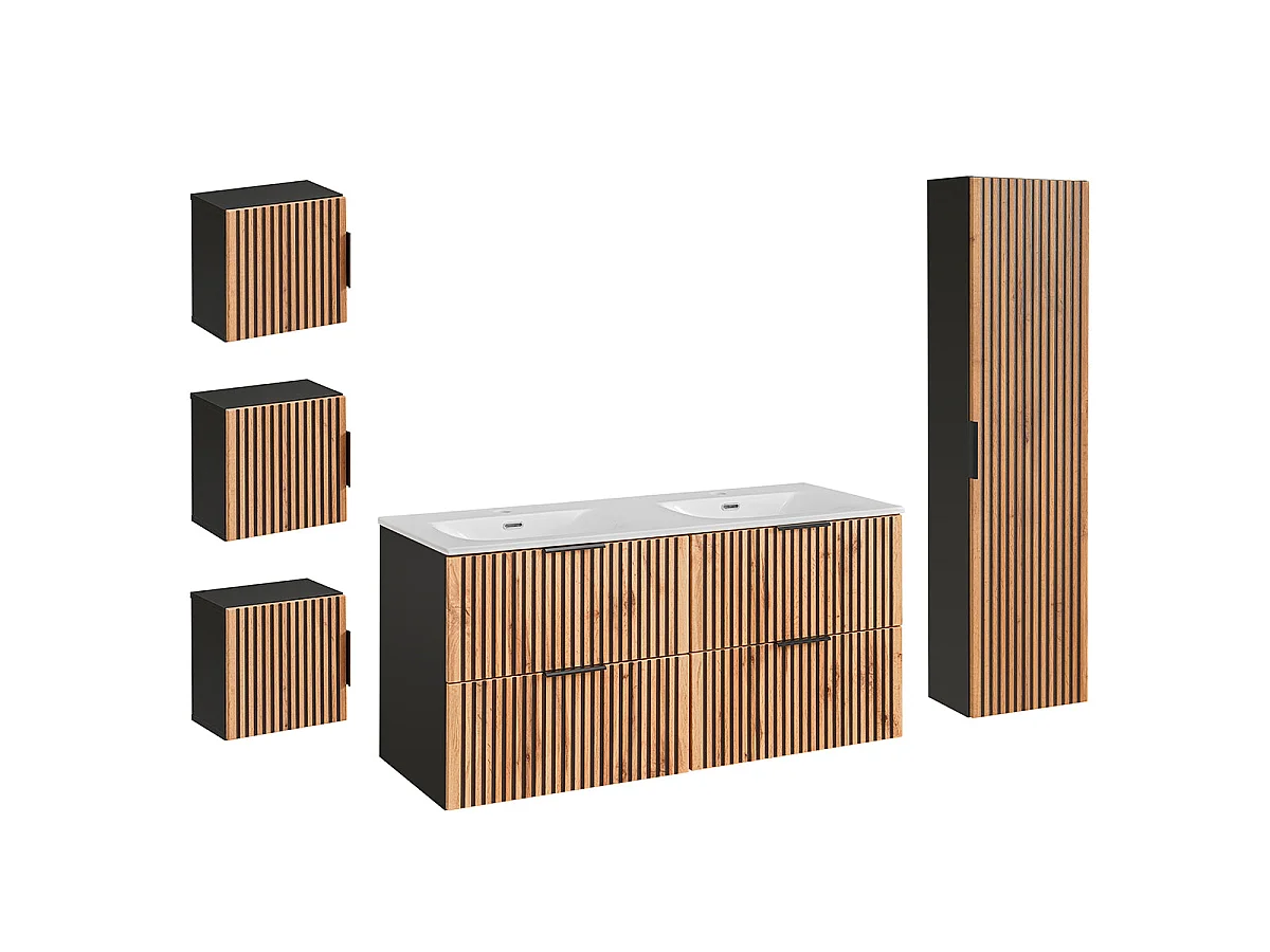 Conjunto de muebles con doble lavabo encastrado 120cm columna y 3 armarios de pared Gaia Madera y Negro