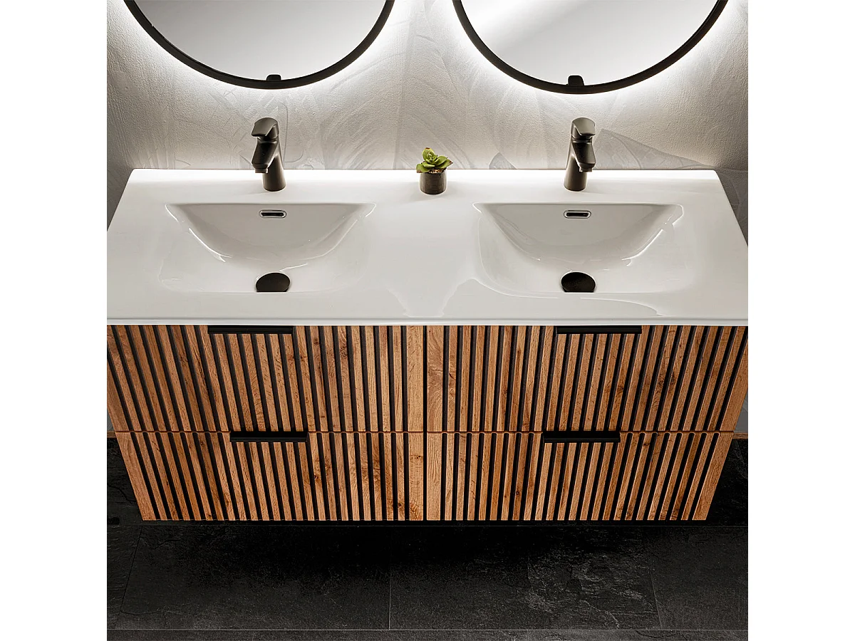 Conjunto de muebles con doble lavabo encastrado 120cm columna y 3 armarios de pared Gaia Madera y Negro