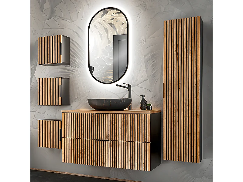 Conjunto de muebles con lavabo individual 100 cm columna y 3 armarios de pared Gaia Madera y Negro - Lavabo Negro