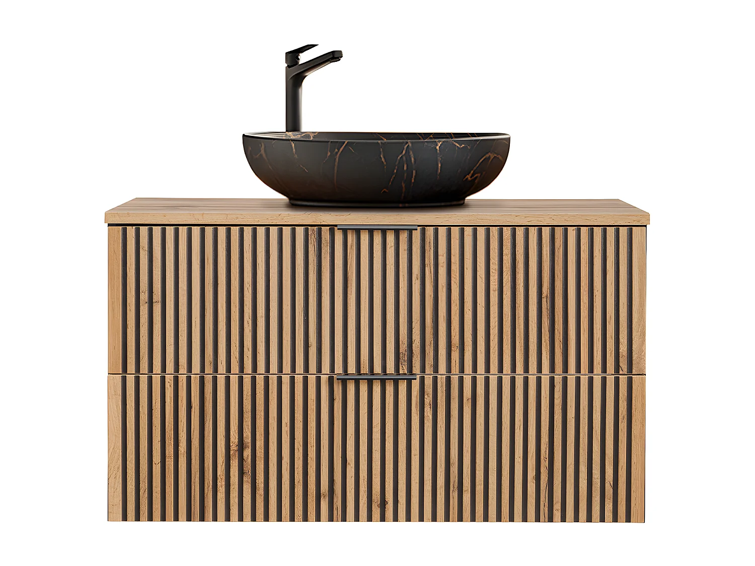 Conjunto de muebles con lavabo individual 100 cm columna y 3 armarios de pared Gaia Madera y Negro - Lavabo Negro