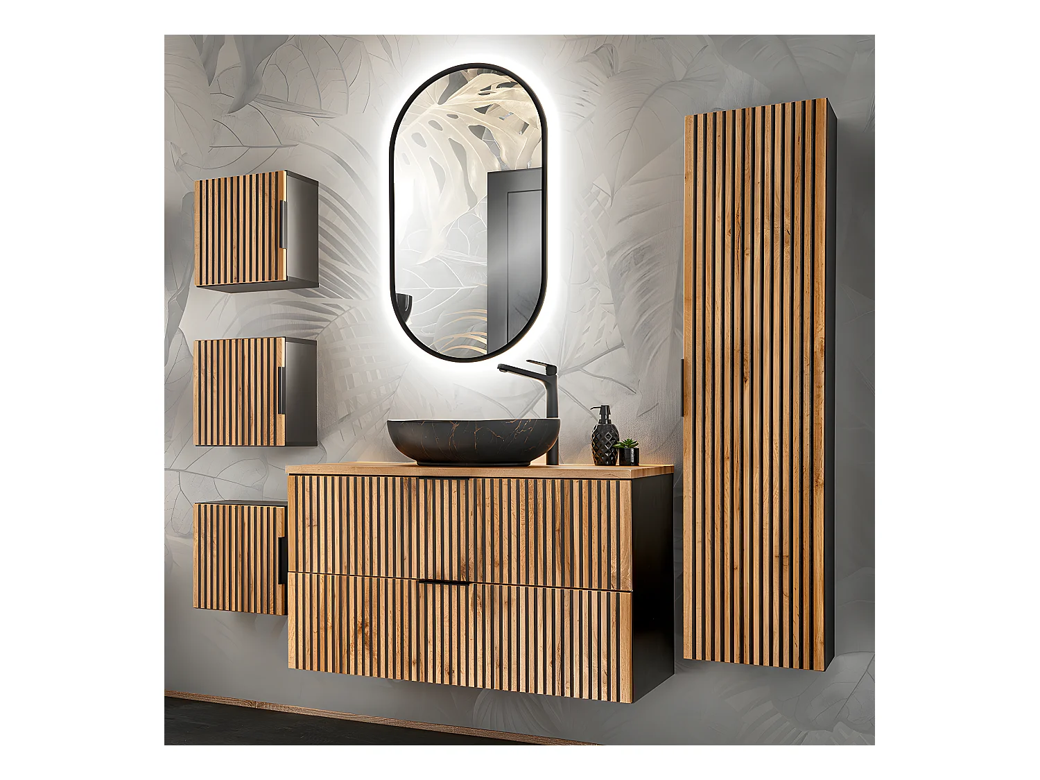Ensemble meuble simple vasque 100cm colonne et 3 armoires murales Gaia Bois et Noir - Vasque Noir