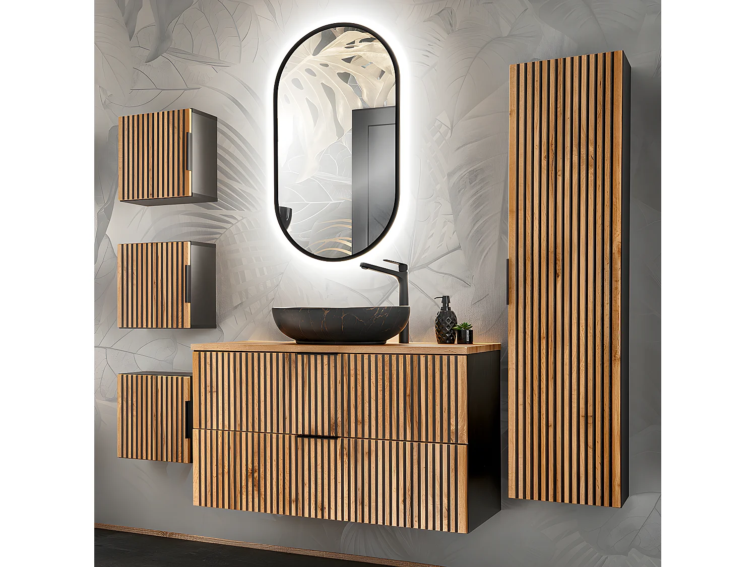 Set di mobili da bagno con lavabo Gaia marrone e nero 100cm