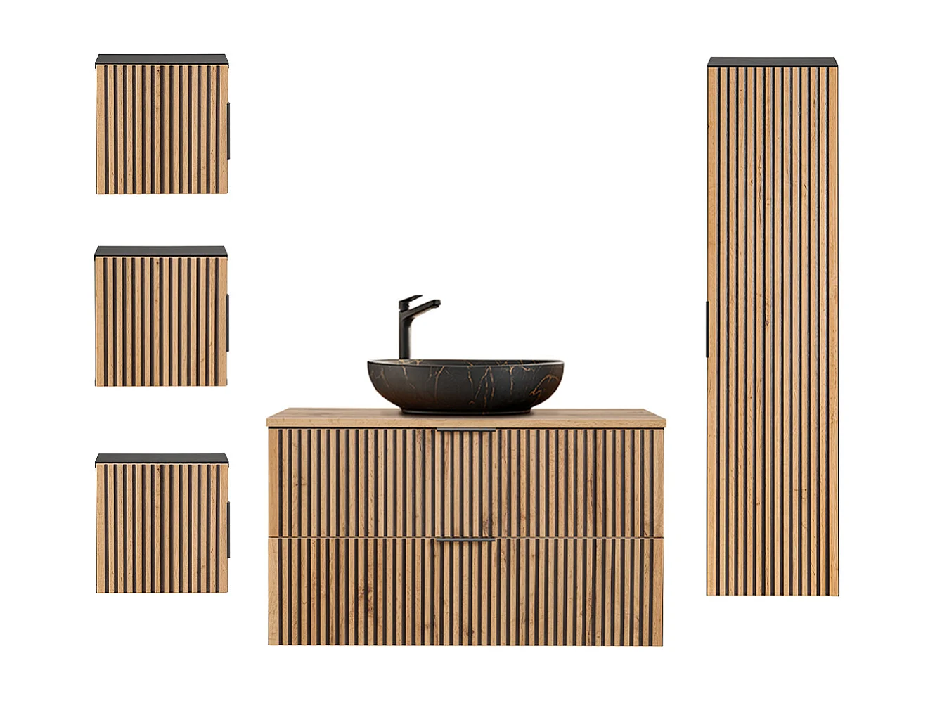 100cm enkele wastafel met 3 Gaia houten en zwarte wandkasten - Zwarte wastafel