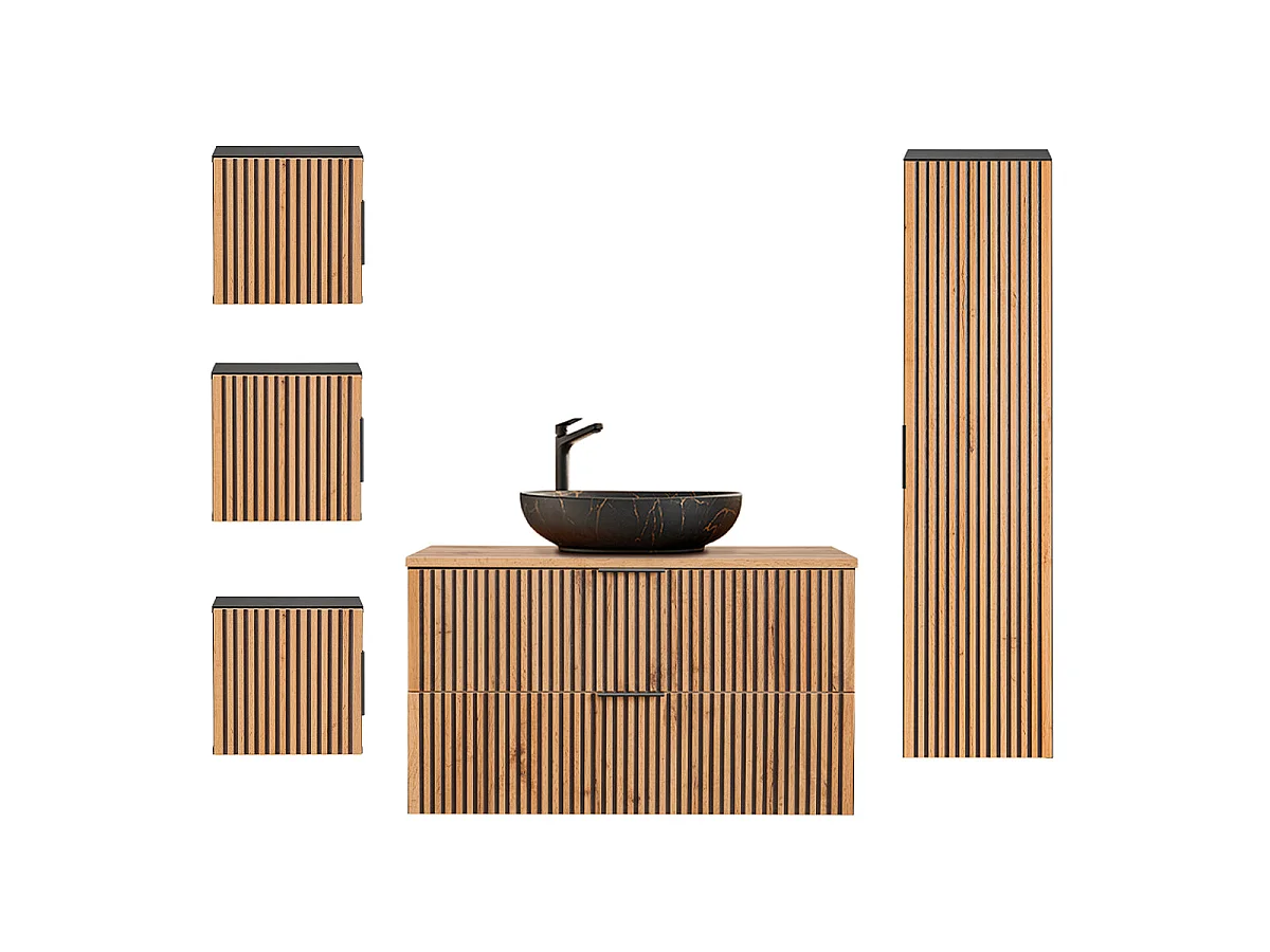 Ensemble meuble simple vasque 100cm colonne et 3 armoires murales Gaia Bois et Noir - Vasque Noir