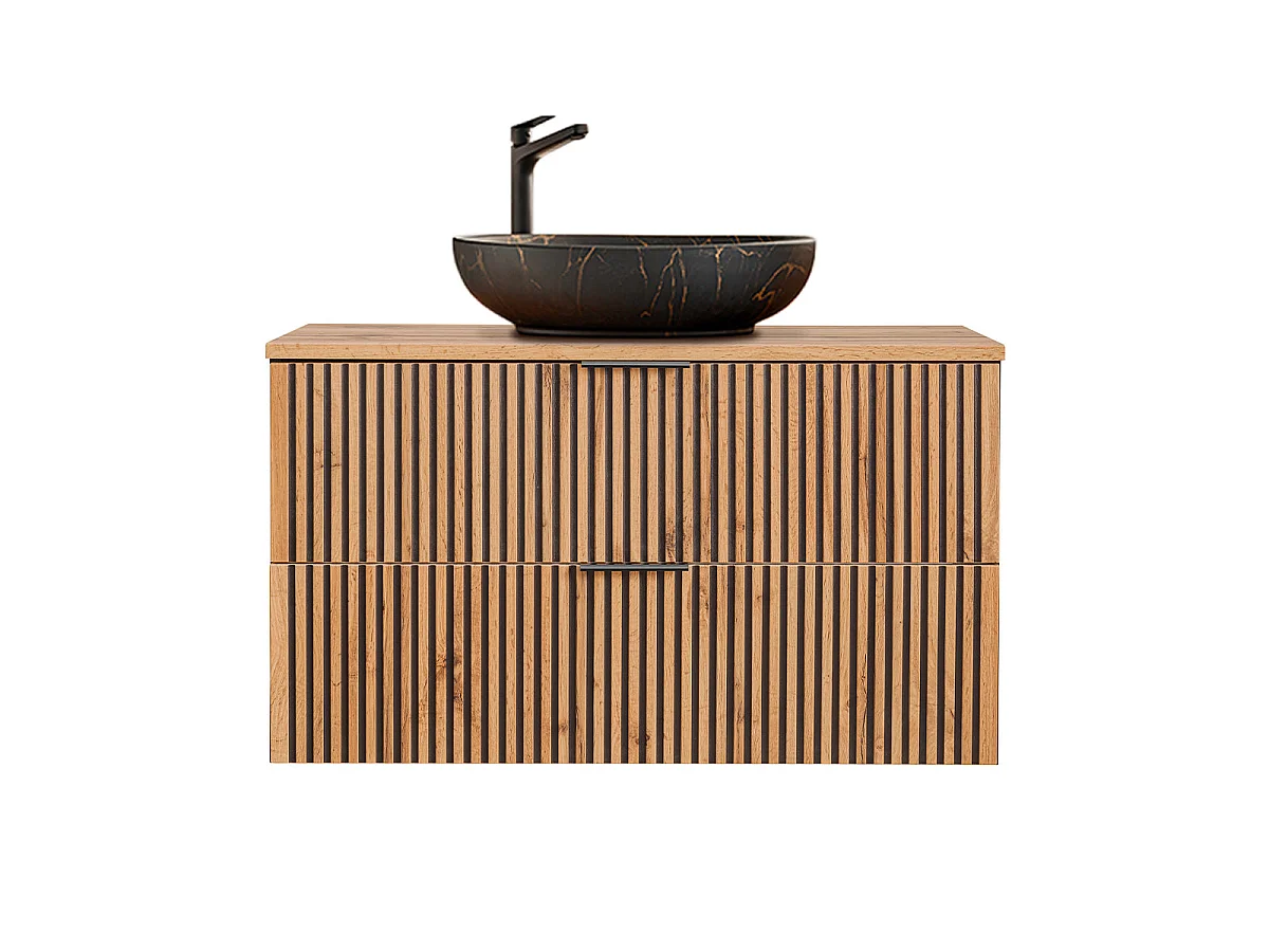 Ensemble meuble simple vasque 100cm colonne et 3 armoires murales Gaia Bois et Noir - Vasque Noir