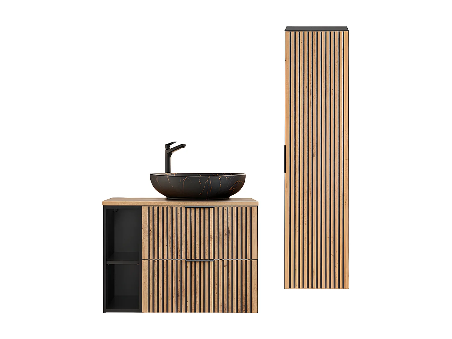 Ensemble meuble simple vasque 80cm 2 niches et colonne Gaia Bois et Noir - Vasque Noir