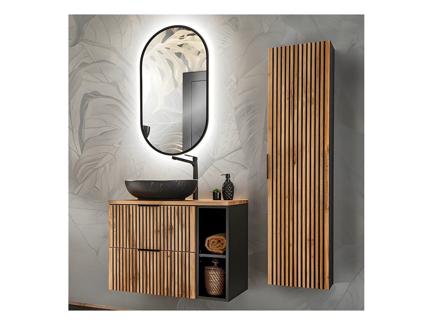 Conjunto de móveis de casa de banho com lavatório Gaia madeira com aspeto de carvalho e preto 80cm