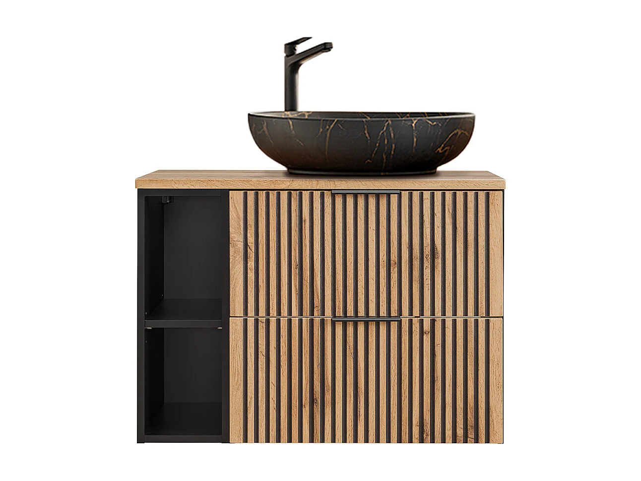 Ensemble meuble simple vasque 80cm 2 niches et colonne Gaia Bois et Noir - Vasque Noir