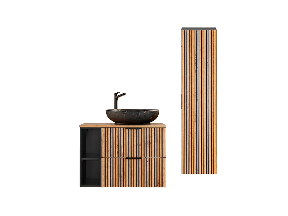 Ensemble meuble simple vasque 80cm 2 niches et colonne Gaia Bois et Noir - Vasque Noir