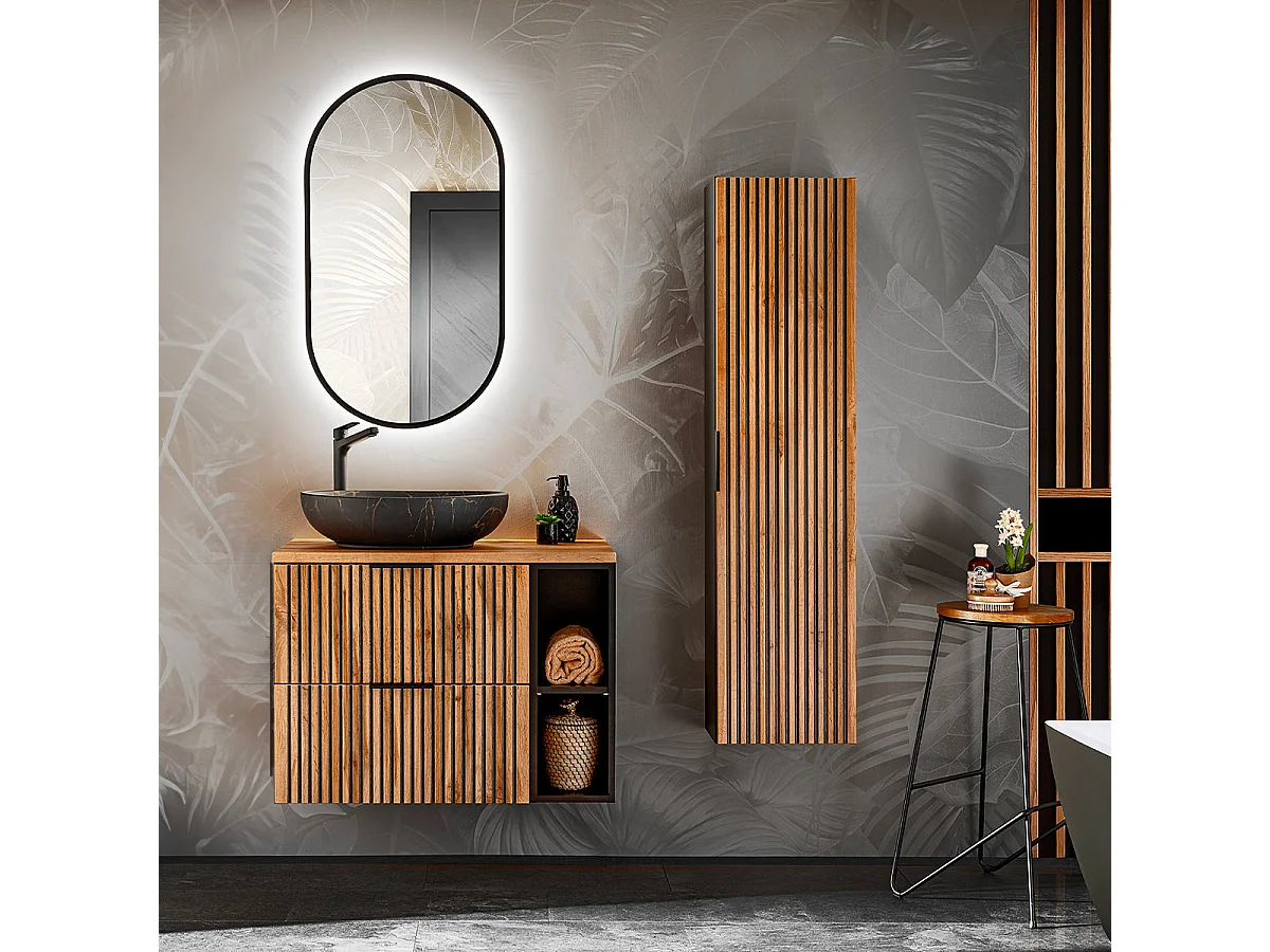 Ensemble meuble simple vasque 80cm 2 niches et colonne Gaia Bois et Noir - Vasque Noir