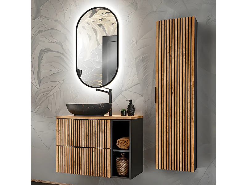Conjunto de muebles con lavabo individual 80cm 2 compartimientos y columna Gaia Madera y Negro - Lavabo Negro