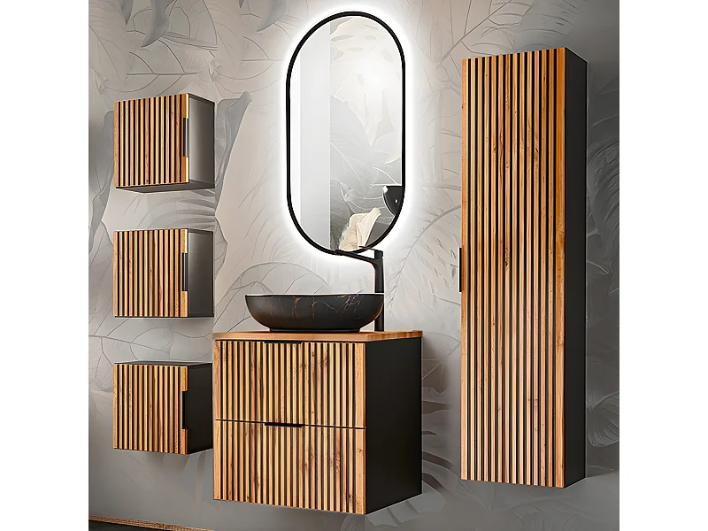 Conjunto de muebles con lavabo individual 60cm columna y 3 armarios de pared Gaia Madera y Negro - Lavabo Negro