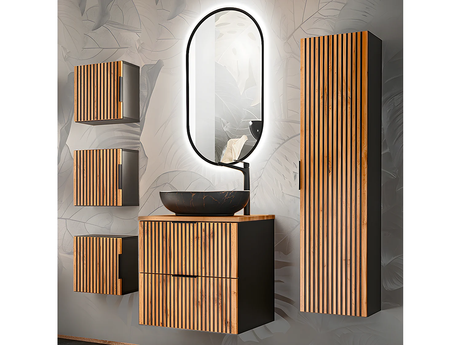 Conjunto de muebles con lavabo individual 60cm columna y 3 armarios de pared Gaia Madera y Negro - Lavabo Negro