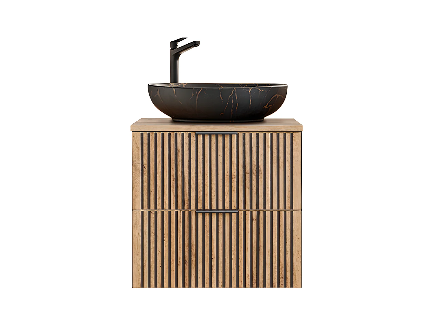 Ensemble meuble simple vasque 60cm colonne et 3 armoires murales Gaia Bois et Noir - Vasque Noir