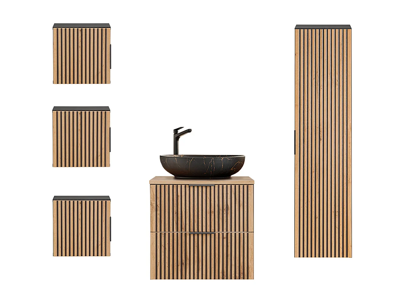 Set aus Einzelwaschtisch 60cm Säule und 3 Hängeschränken Gaia Holz und Schwarz - Waschbecken Schwarz