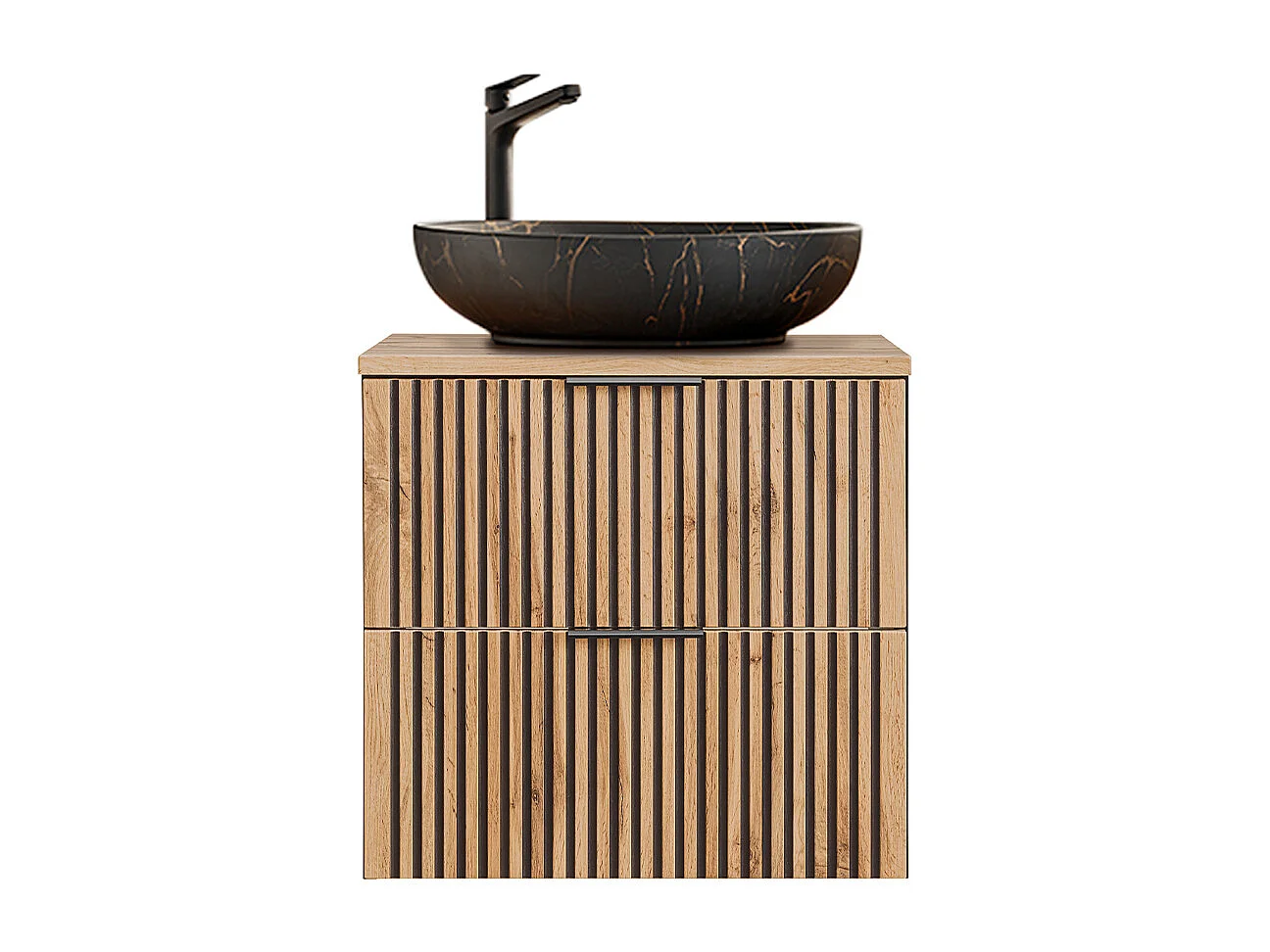 Set aus Einzelwaschtisch 60cm Säule und 3 Hängeschränken Gaia Holz und Schwarz - Waschbecken Schwarz