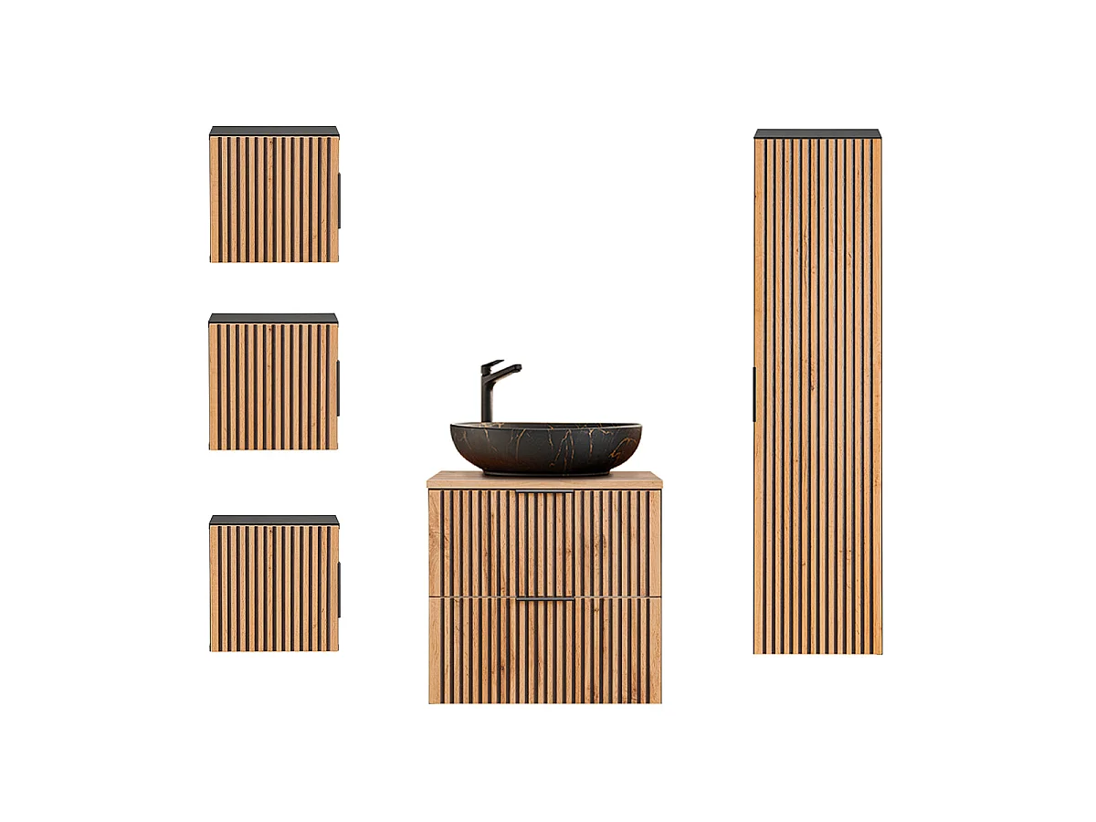 Ensemble meuble simple vasque 60cm colonne et 3 armoires murales Gaia Bois et Noir - Vasque Noir