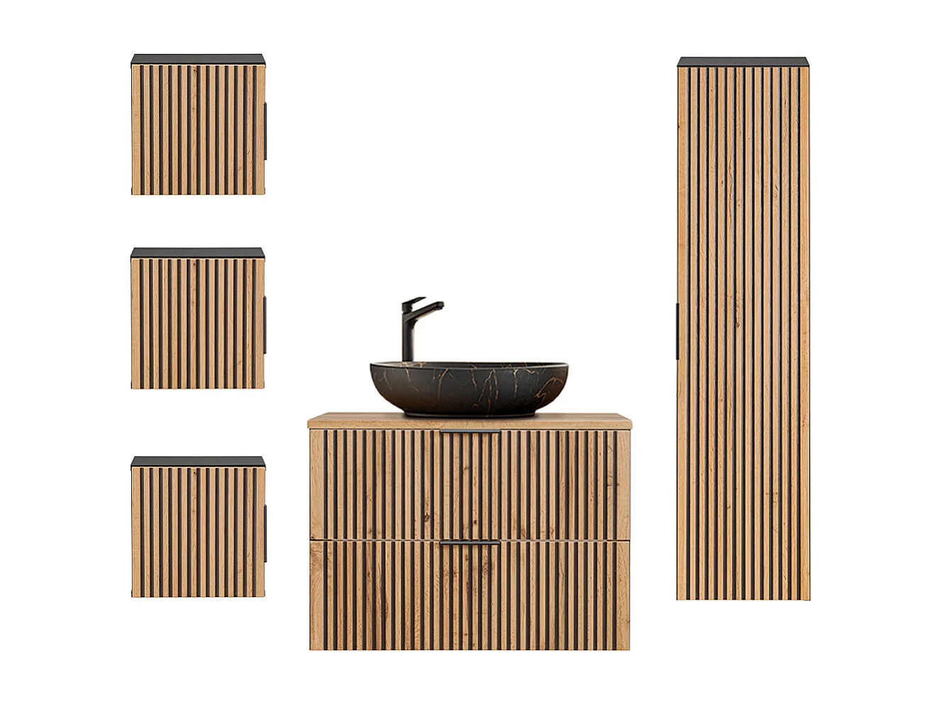 Set van 80cm enkele wastafel en 3 Gaia houten en zwarte wandkasten - Zwarte wastafel
