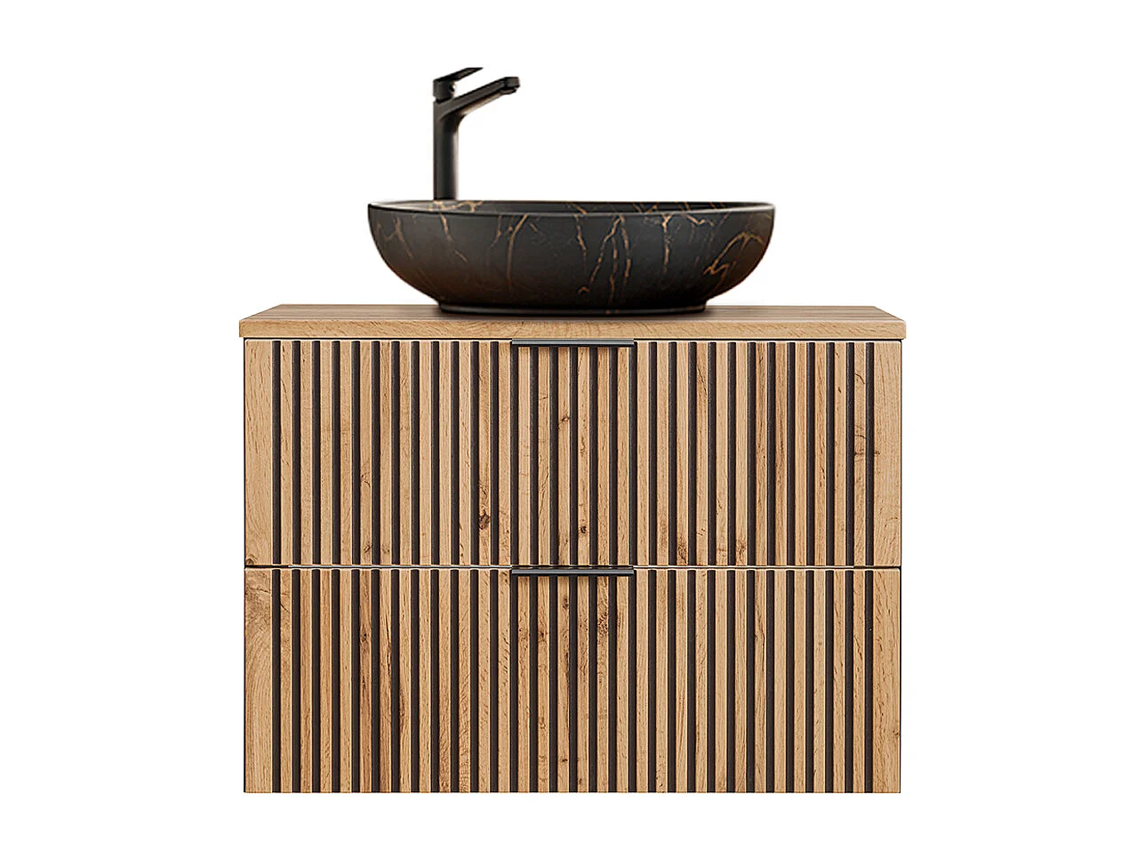 Set van 80cm enkele wastafel en 3 Gaia houten en zwarte wandkasten - Zwarte wastafel