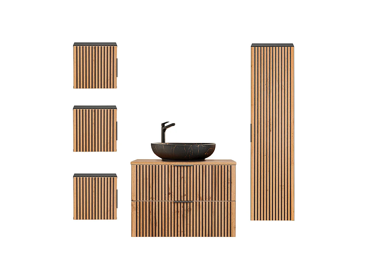 Ensemble meuble simple vasque 80cm colonne et 3 armoires murales Gaia Bois et Noir - Vasque Noir