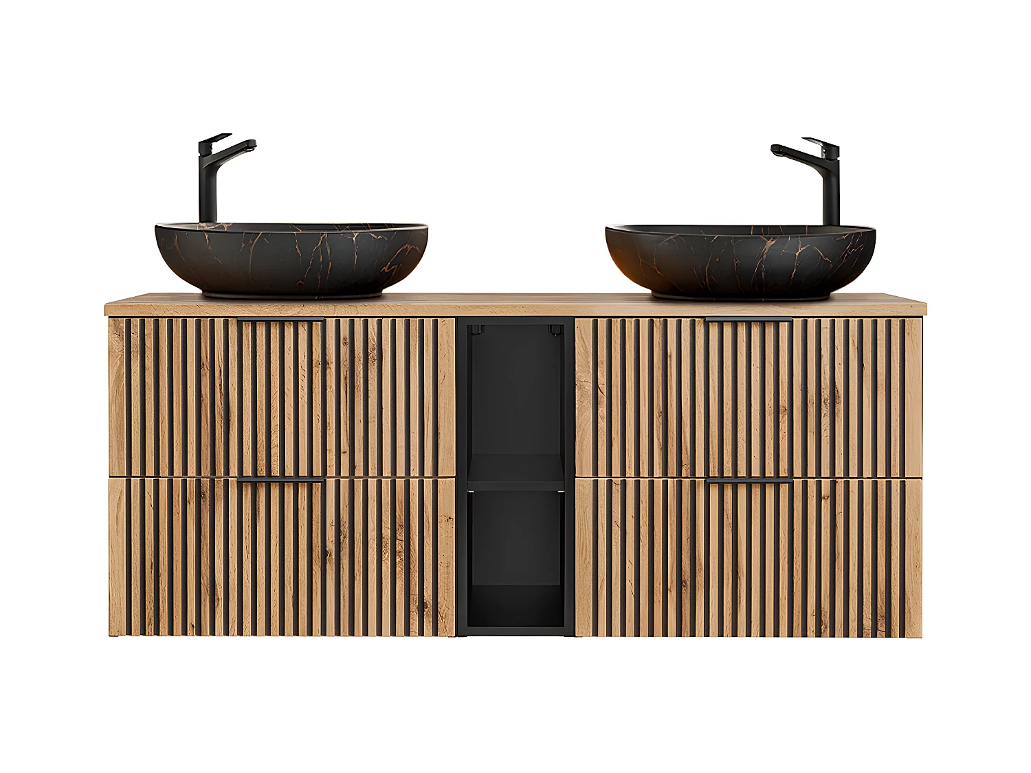 Ensemble meuble double vasque 140cm 2 niches colonne et 3 armoires murales Gaia Bois et Noir - Vasque Noir