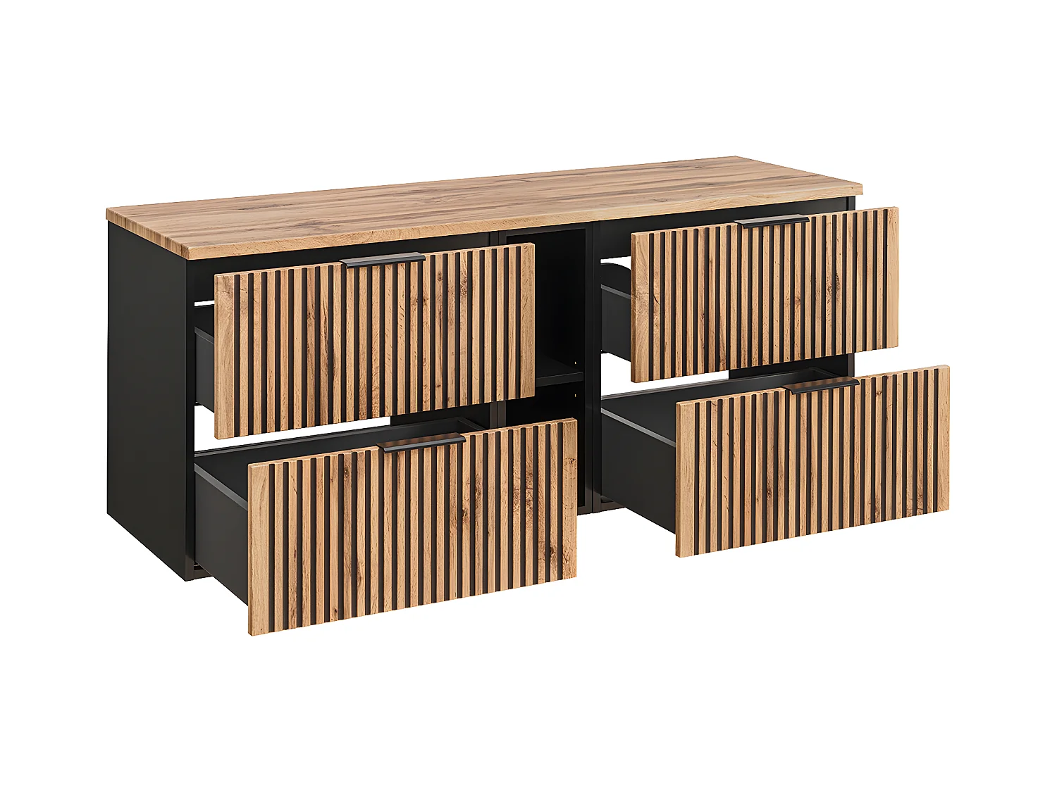 Ensemble meuble double vasque 140cm 2 niches colonne et 3 armoires murales Gaia Bois et Noir - Vasque Noir