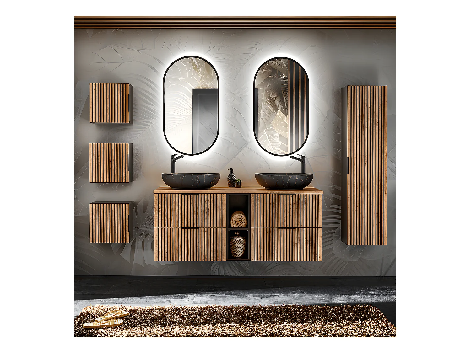 Ensemble meuble double vasque 140cm 2 niches colonne et 3 armoires murales Gaia Bois et Noir - Vasque Noir
