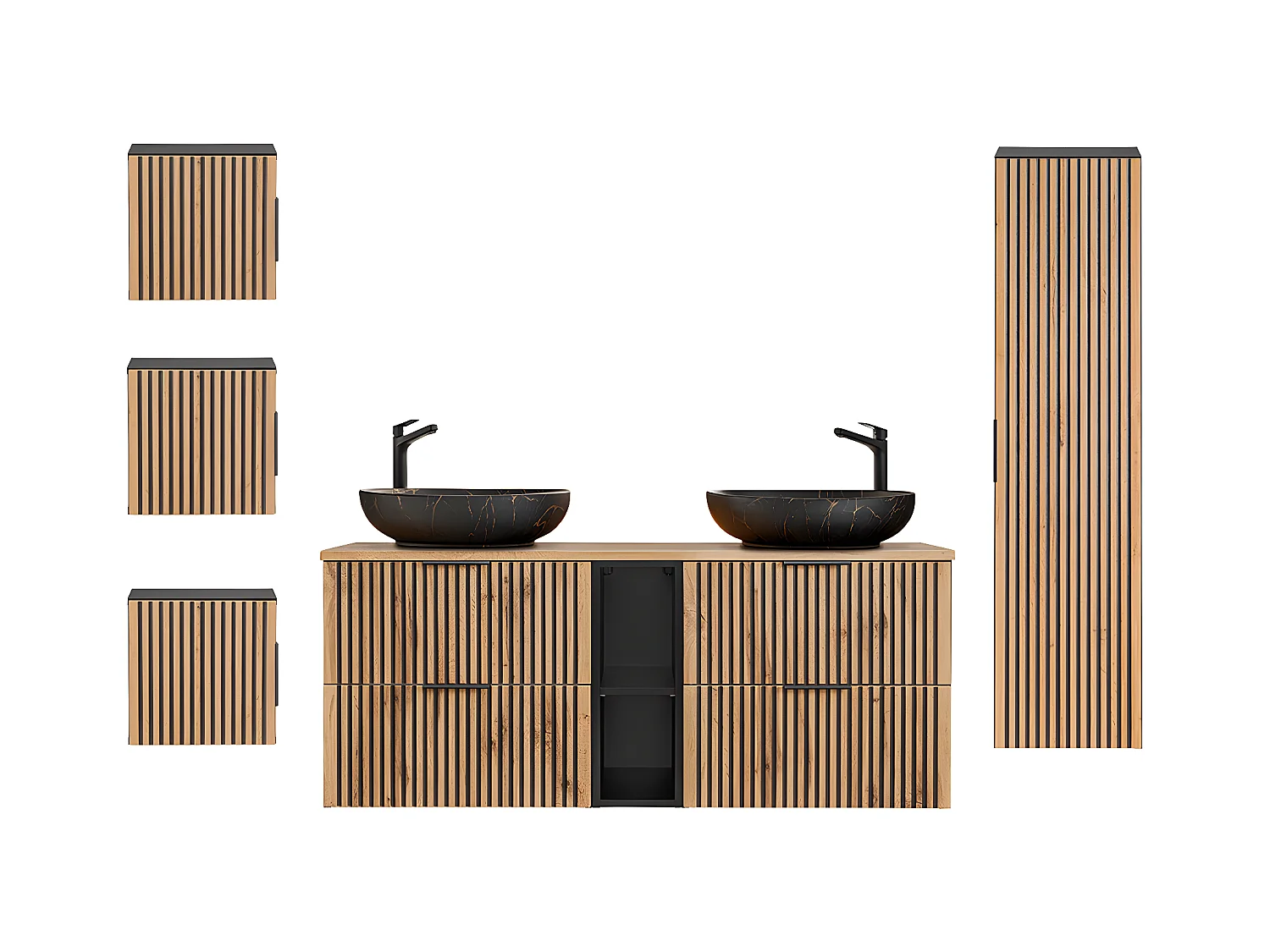 Dubbele wastafel 140cm 2 nissen en 3 hangkasten Gaia Wood en Zwart - Zwarte wastafel