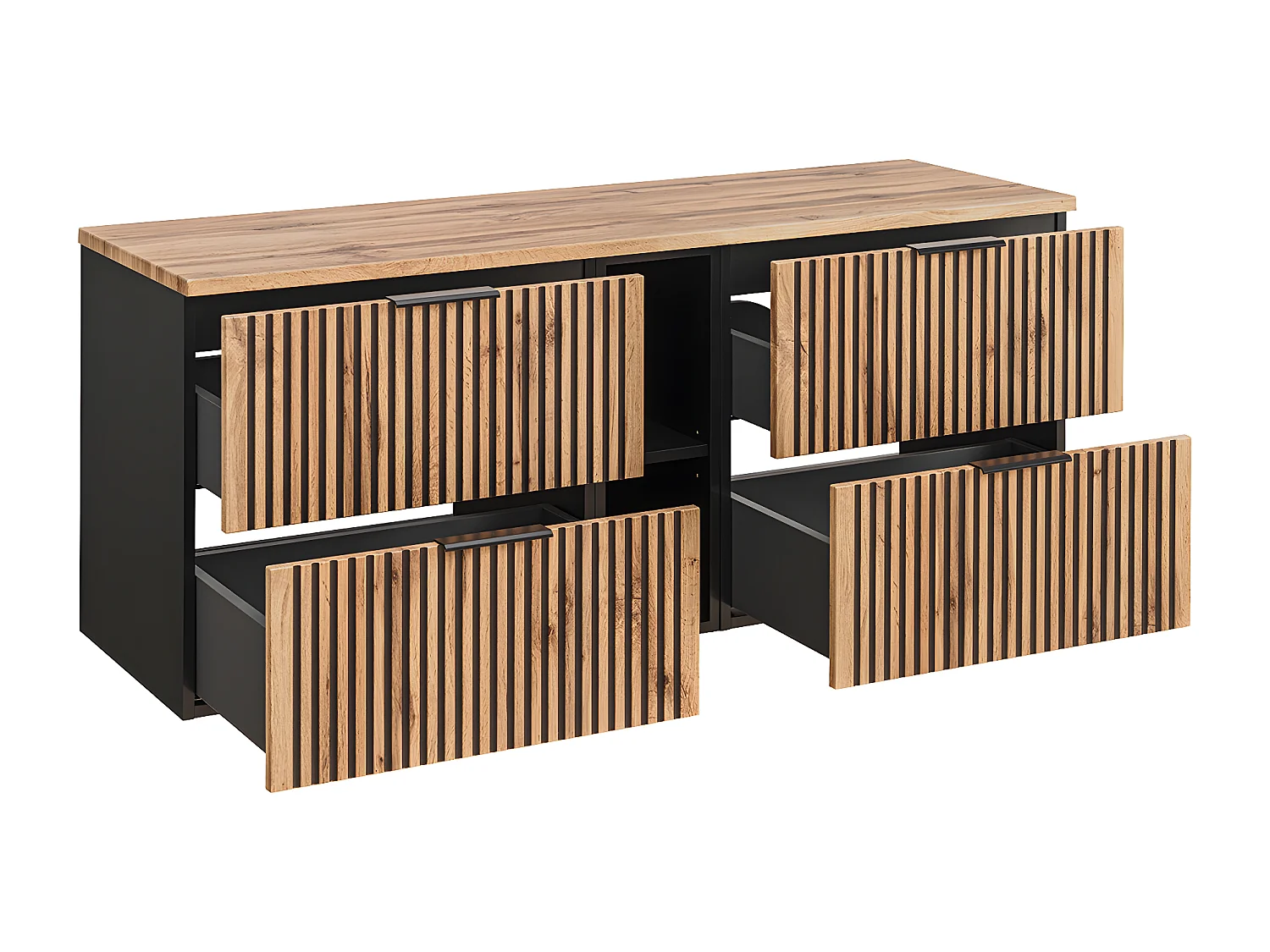 Dubbele wastafel 140cm 2 nissen en 3 hangkasten Gaia Wood en Zwart - Zwarte wastafel