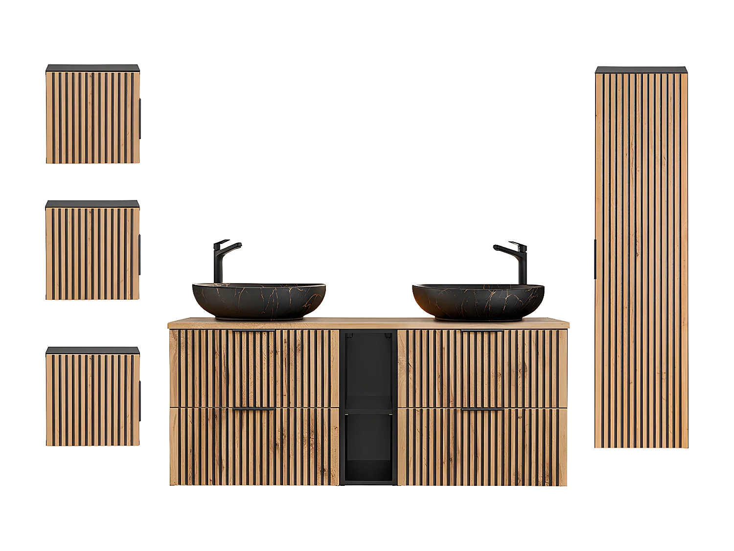 Conjunto de móveis de casa de banho com lavatório duplo Gaia madeira com aspeto de carvalho e preto 140cm