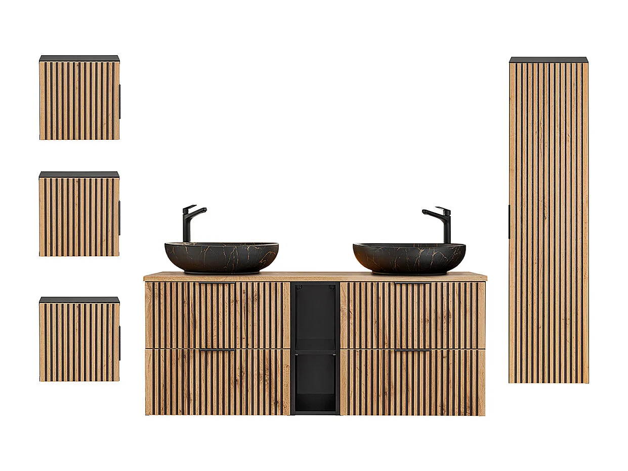 Dubbele wastafel 140cm 2 nissen en 3 hangkasten Gaia Wood en Zwart - Zwarte wastafel
